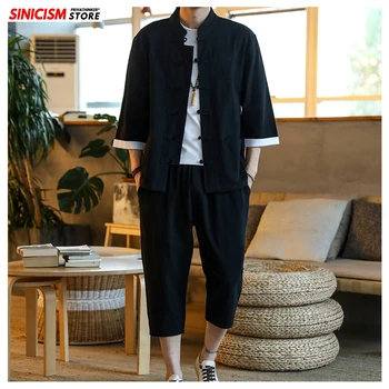 Sinicism Magazin Solid Lenjerie de pat din Bumbac Tricouri pentru Bărbați Seturi de Vară Trening Barbati 2020 Pantaloni Largi Costume Stil Chinezesc de sex Masculin Pantaloni Haine