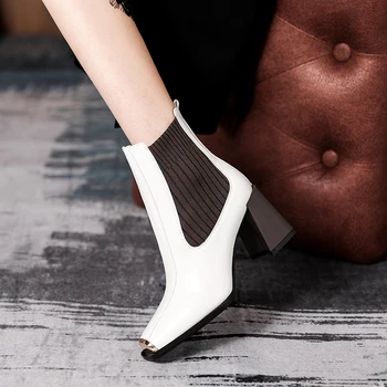 Autentice din Piele de Femei de Bloc cu Toc Glezna Cizme Design Clasic deget de metal Pantofi Pentru Femei Birou de Lucru, Pantofi de Femeie