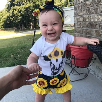 Copilul copilul Fete Haine Scurte Gât Rotund Maneca Desene Imprimate Vaca Romper bluza+Floarea-soarelui Florale, pantaloni Scurți, Costume de Vară Set