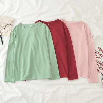 Versiunea coreeană de culoare solidă tricou femei de primăvară și de toamnă cu mâneci lungi T-shirt roz alb Harajuku casual vrac top prod