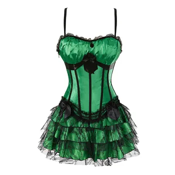 Dunga verde de sus corset cu cupa si fusta mini cu bretele bustiera sexy lenjerie de dantelă rochie de Carnaval body shaper