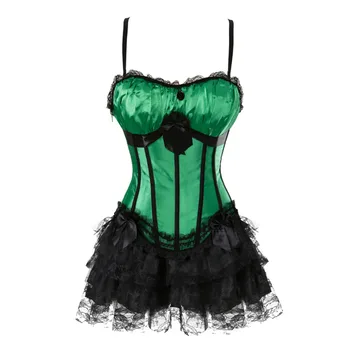Dunga verde de sus corset cu cupa si fusta mini cu bretele bustiera sexy lenjerie de dantelă rochie de Carnaval body shaper