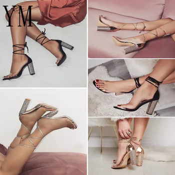 2020N Sexy Femei Sandale cu Toc Bandaj Stras Pompe de Curea Glezna Tocuri foarte inalte, Toc Patrat Pantofi de damă de dimensiuni Mari 34-43