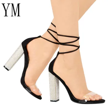 2020N Sexy Femei Sandale cu Toc Bandaj Stras Pompe de Curea Glezna Tocuri foarte inalte, Toc Patrat Pantofi de damă de dimensiuni Mari 34-43