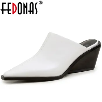 FEDONAS Papuci de casă 2020 Design Clasic Piele de Vaca Subliniat Toe Sandale cu Toc Pantofi Casual de Vara Concis Alunecare Pe Pantofi pentru Femeie