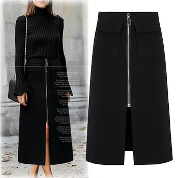 Noul Talie Mare Eleganta Midi Fusta De Moda 2018 Negru Solid Cu Fermoar Lung Fuste Femei Faldas Saia Plus Dimensiune Jupe Casual
