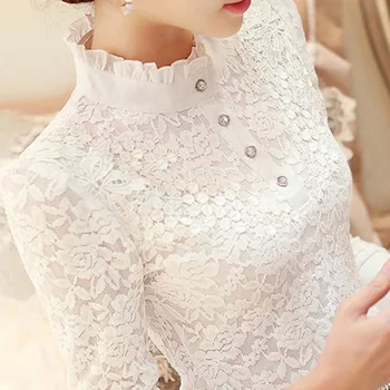 Bluze Femei Dantelă Iarna Plus De Catifea Groasă De Mari Dimensiuni Femei Cu Maneci Lungi Cămăși Îmbrăcăminte Coreeană Subțire Solid Retro Chic Elegant