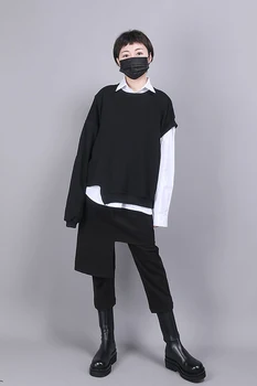 [MEM] Femei Negru Asimetric Split Mare Dimensiune T-shirt Noi Gât Rotund Maneca Lunga Mareea Moda Primavara Toamna anului 2021 1R852
