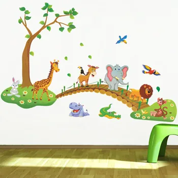 Desene animate 3D Junglă animal sălbatic pod leu, Girafa, elefant, păsări, flori autocolante de perete pentru camera copii camera de zi decor acasă