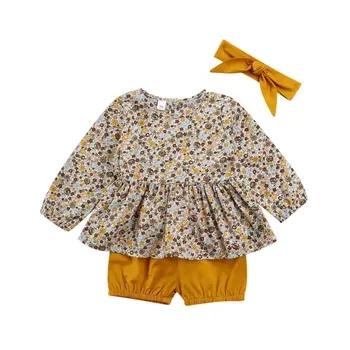 Copil drăguț Nou-născut Fată Costume de Haine 3Pcs Maneca Lunga Topuri Florale Rochie+pantaloni Scurti+Bentita Fetita Primavara Toamna Seturi de 0-18M