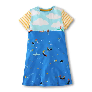 Micut Copil fete rochii nor albastru de bumbac haine copii 3-12Y înoate în piscină tipărite moda copii rochii de vara fata porti
