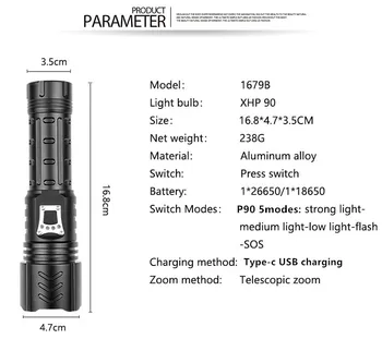 Puternic XHP90 Lanterna Tactice Lanterna USB Lanterna Reincarcabila cu Zoom LED-uri Lanterna de Mana de Utilizare a Luminii Baterie 18650