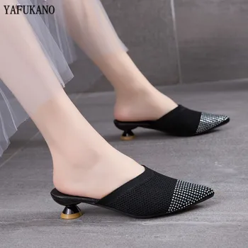 2020 Vara Tricotate Elastic Plasă De Femei Papuci De Casă Pietre Subliniat Toe Slide-Uri De Pantofi Cu Toc De Catâri Cu Toc Seturi De Semi Papuci