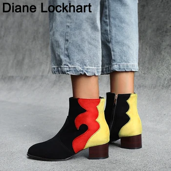 Vintage Despicare culoare mixt turma piele glezna cizme pentru femei square toe cowboy pista Papuceii femeie toc înalt pantofi zapatos