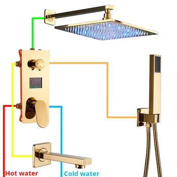 Uythner Aur Digital de Duș Robinete Set Cap de Duș LED Precipitații de Aur 3-Way Digital Temp Display Mixer Robinet Cada Cioc Duș