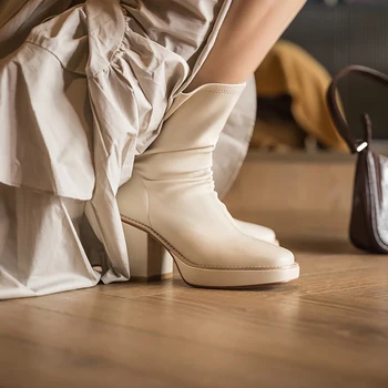 ISNOM Întinde Glezna Cizme Femeie Pătrat Mare Tocuri inalte Scurt Papuceii Doamnelor Pantofi Platforma Square Toe Fermoar Glezna Subțire Pantofi Mari