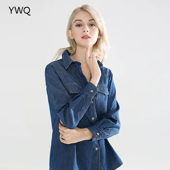 2021 Primăvară Nouă Denim Tricou Tricou Femei din Bumbac de sex Feminin Maneca Lunga pentru Femei Camasa din Denim Liber coreean Singur Pieptul Doamnelor Bluza