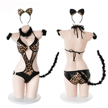 Femei Leopard Scăzut Piept Backless Salopeta Uniformă Cu Coada +Urechi de Pisică Banda de Păr Negru PU Set de Lenjerie, Costume de