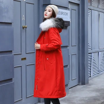 Stil coreean de Iarna pentru Femei X-Haină lungă cu Glugă Subțire de Lână Căptușeală de sex Feminin Jachete Cu Guler de Blană Solidă Plus Dimensiune Grosime Parka Femeie