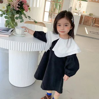 Fete Baby Maneca Lunga Culoare Solidă cu Guler de Moda Bumbac Rochii de Printesa pentru Copii Copii, Casual, Rochie de Asimetrie