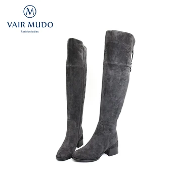 VAIR MUDO Cizme pentru Femei Pantofi pentru Femei Tesatura Stretch Wool Knee-High Boot Black Gri culoare Adult Tocuri Groase de Lână de Moda Pantof ZT35