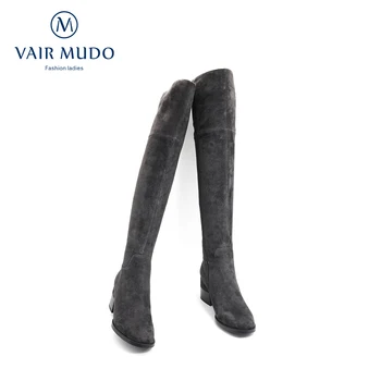 VAIR MUDO Cizme pentru Femei Pantofi pentru Femei Tesatura Stretch Wool Knee-High Boot Black Gri culoare Adult Tocuri Groase de Lână de Moda Pantof ZT35