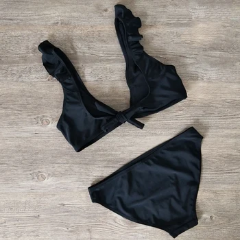 Noi Bikini 2019 Fierbinte Set De Bikini Femei Sexy Negru Rosu Costume De Baie Push Up, Costume De Baie Solid De Sex Feminin Volane Beachwear Înot Costume De Baie