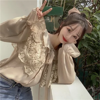 Coreeană Chic Dulce Epocă Gotică Maneca Lunga Arc Dantelă-Up Cu Broderie Femei T-Shirt Pentru Topuri De Vară 2020 Moda Femei Tee Shirt