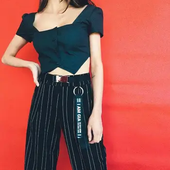 Moda Coreeană Vara 2018 Crop Top Pentru Femei Cămăși Pentru Piața Guler Butonul De Sus De Bumbac Tricou Maneca Scurta Pentru Femei Tricou Streetwear