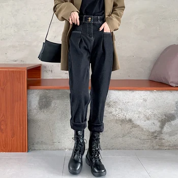 ZHISILAO Talie Mare Harem Blugi pentru Femei de Iarnă Caldă de Blană Neagră, Pantaloni din Denim 2020 Plus Dimensiune Iubit Mama Blugi Drepte Streetwear