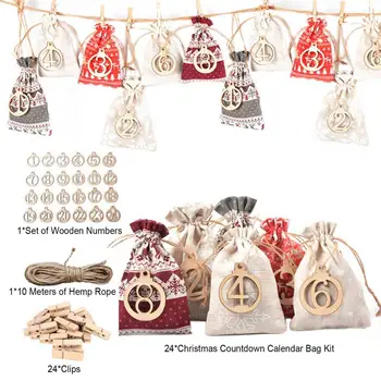 24PCS de Crăciun Advent Calendar Numărătoarea inversă Sac Agățat Bomboane Cadou Saci Husă cu Clipuri Coarda din Lemn Numere de Casa Decor de Crăciun
