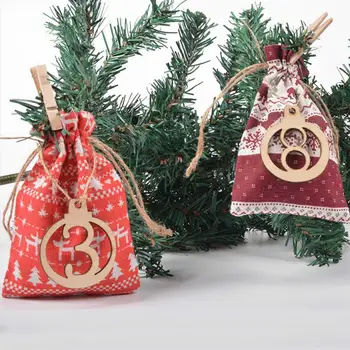 24PCS de Crăciun Advent Calendar Numărătoarea inversă Sac Agățat Bomboane Cadou Saci Husă cu Clipuri Coarda din Lemn Numere de Casa Decor de Crăciun