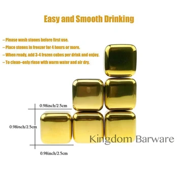 Whiskey Stones Pietre de Aur de Forma de Cub din Oțel Inoxidabil Cub de Gheață Clește & Cutie de Depozitare Refrigerare Piatra Chiller Reutilizabile Pachet de 6