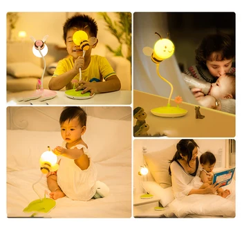 USB de Încărcare Lampă de Noapte Atingere de Desene animate Drăguț de Albine Luminile de Noapte de Reglaj Lectură Lampă de Masă pentru Copii Noptiera Camera Copilului Sugar Cadou