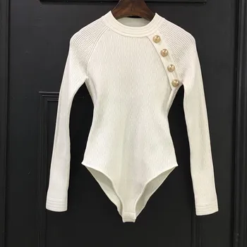 Una Bucata Pulover Tricotate Bodysuit 2020 Toamna Iarna Nasturi De Aur Maneca Lunga Alb Negru Tricotaje Clohtes Pentru Femei