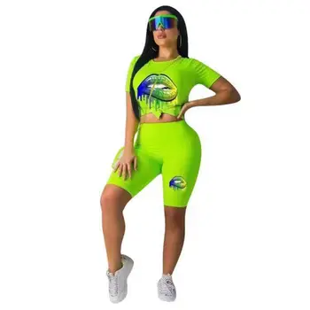 Neon Verde Buzele De Imprimare De Două Bucata Set Bluze De Trening Și Pantaloni Scurți Costum De Potrivire Casual Festivalul De 2 Bucată De Costume Pentru Femei