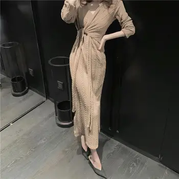 Rochie eleganta Femei Casual Designer Split Rochie Retro Solid Slim Sexy Korean Seara Rochie Midi 2020 Toamna Îmbrăcăminte pentru Femei
