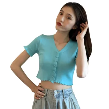 Vara Vintage Urechi De Lemn V Gât T-Shirt Femei Maneci Scurte Butonul Slim Fit Tricou Tricou Stramt Retro Topuri Tricotate 6 Culori
