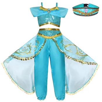 Fete Jasmine Dress Up Vara Paiete Fantezie Aladdin Arabian Princess Costum De Haine Pentru Copii De Halloween Ziua 2 Buc Tinuta