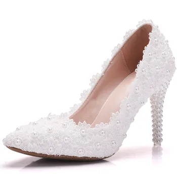 Tocuri alb Dantela Mireasa, Pantofi Nunta, Pantofi de Femei Pompe Doamnelor Tocuri de 5CM Pantofi de Mireasa zapatos de novia de dimensiuni mari 34-41