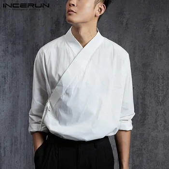 Stil chinezesc Barbati Tricou de Culoare Solidă Retro Hanfu Maneca Lunga Dantela Vintage Până În 2021 Stand Guler Elegant Mens Shirt Camisa INCERUN