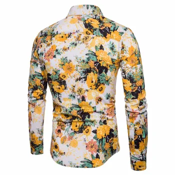 2018 Nou Primavara &Toamna Tricouri Moda Populare Bărbați Etnice Flori galbene Imprimate Casual Hawaiian Mâneci Lungi Dress Shirt 4XL 5XL
