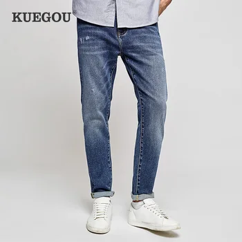 KUEGOU Bumbac Toamna Iarna Haine Pantaloni tipul Clasic de Blugi Slim Fit Fashion Stretch Denim Uzat Bărbați Plus Dimensiune Albastru LK-1841