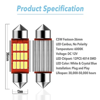 C5W C10W LED Festoon 36mm 12V becuri Albe pentru masini de înmatriculare Lectură Interior Lumina 6000K 12SMD Pentru VW Toyota Lada Kia