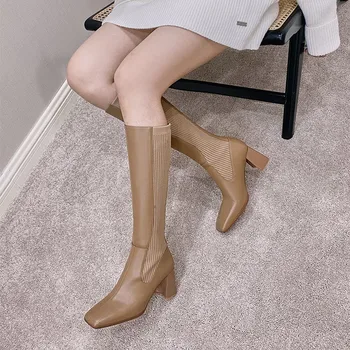 FEDONAS Moda Concis Deget de la picior Pătrat Femei Cizme Genunchi Ridicat Genui din Piele Tocuri Groase Pompe de Iarnă Petrecere Casual Pantofi pentru Femeie