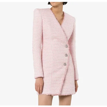 De înaltă calitate, S-3XL noua moda roz țesătură de lână Subțire V-neck mâneci lungi buton argintiu decor femei rochie scurtă