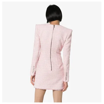 De înaltă calitate, S-3XL noua moda roz țesătură de lână Subțire V-neck mâneci lungi buton argintiu decor femei rochie scurtă