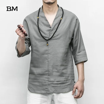 De Vară 2020 Stil Vechi Lenjerie de pat din Bumbac Tricou V-Neck Maneca Scurta Barbati 3 / 4-Cămașă cu Mâneci Stil Chinezesc Îmbrăcăminte pentru Bărbați Hanfu