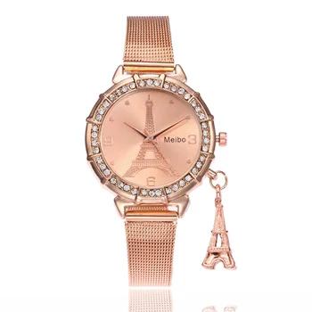 Meibo Ceasuri De Femei De Moda De Lux Cristal Turnul Eiffel Paris Ceasuri A Crescut De Aur Plasă De Trupa Cuarț Ceasuri Relogio Feminino