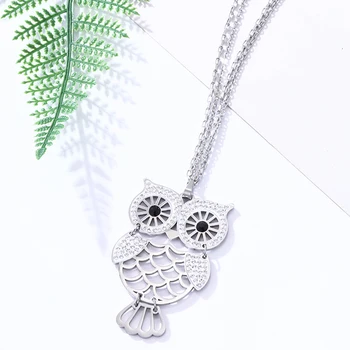 Din Oțel inoxidabil Colier Pentru Femei Argintiu Lung Lanț Dublu Cristal Owl Pandantiv Colier pentru Femei Animal Accesorii Bijuterii
